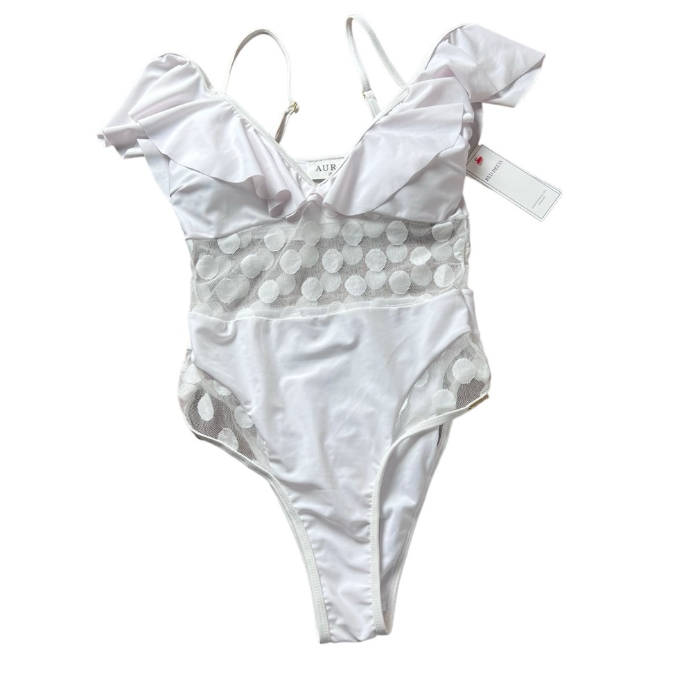Aura White One Piece Swimsuit Sheer Panels Polka Dots Off Shoulder Size Small - Picture 1 of 11
